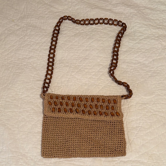 Handbags - Handcrafted Tan Crochet Shoulder Bag with Beaded Strap‎